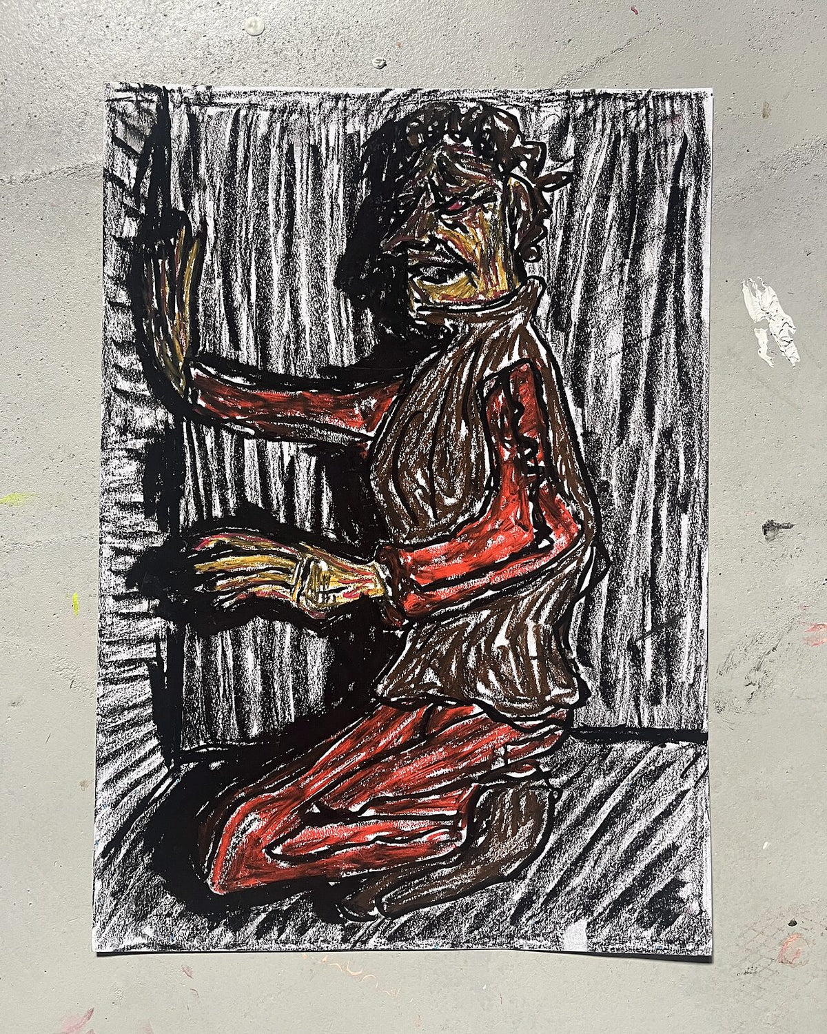 Fanget i natten (A3), pastelkridt på papir