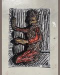 Rød figur, natten, pastelkridt på papir