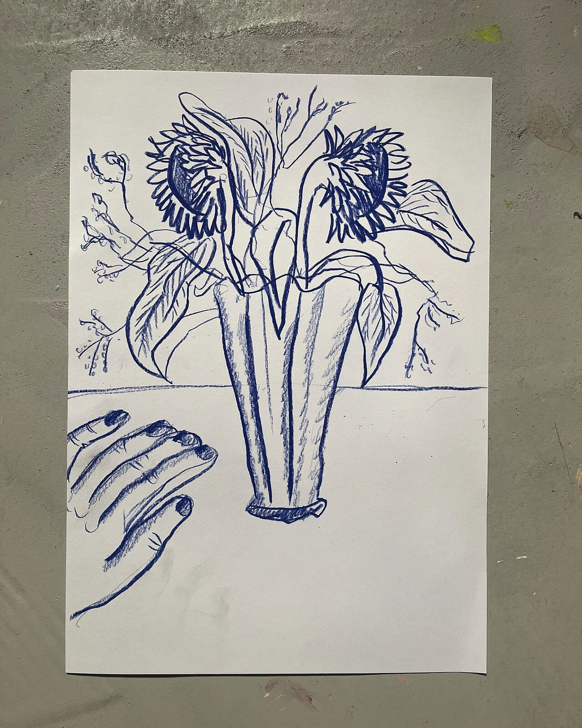 Solsikker i blå (A3), pastelkridt på papir