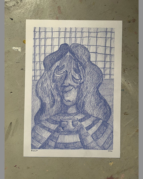 Blåt Gitter & Kaffe (A3), pastelkridt på papir