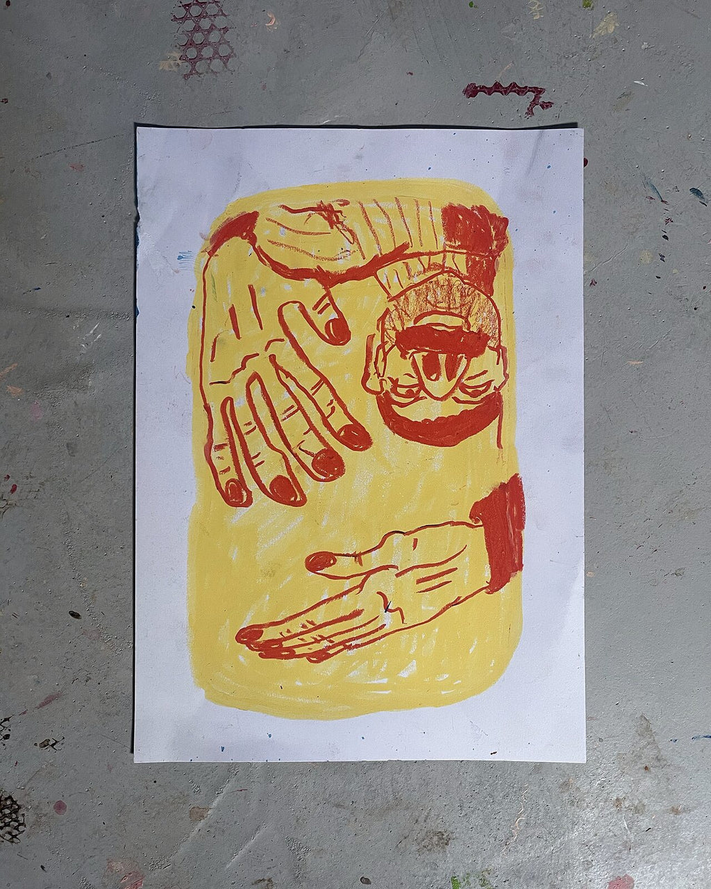 Gule hænder (A4), pastelkridt på papir