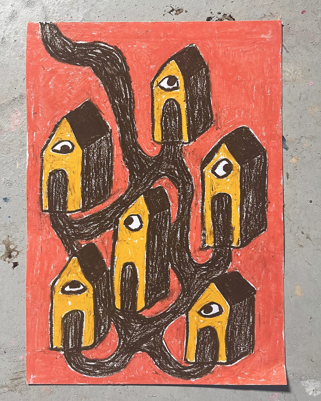 Naboerne kigger (A4), pastelkridt på papir