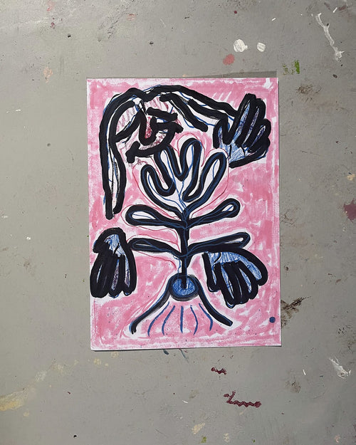 Blomster på lyserød (A3), pastelkridt på papir
