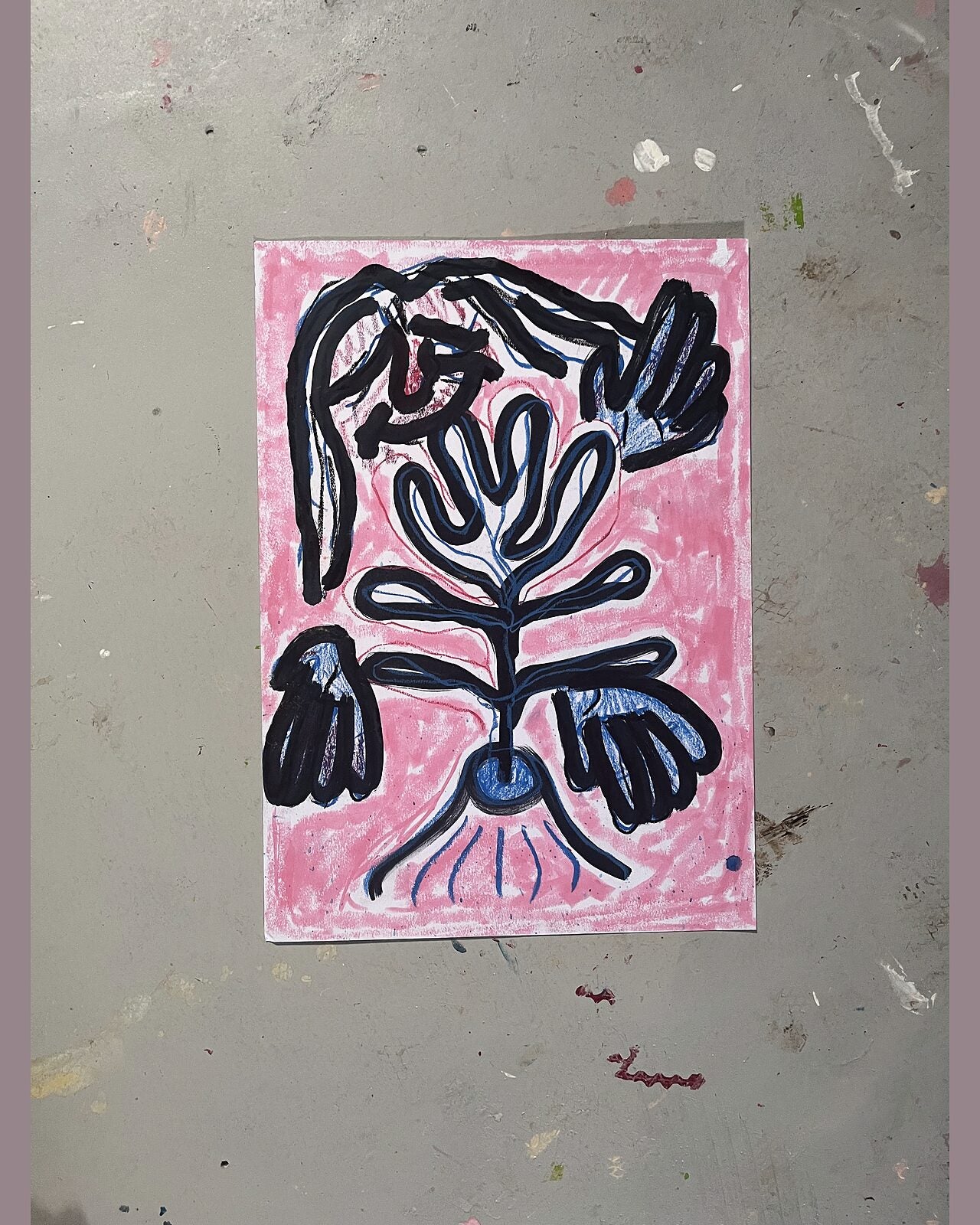 Blomster på lyserød, pastelkridt på papir
