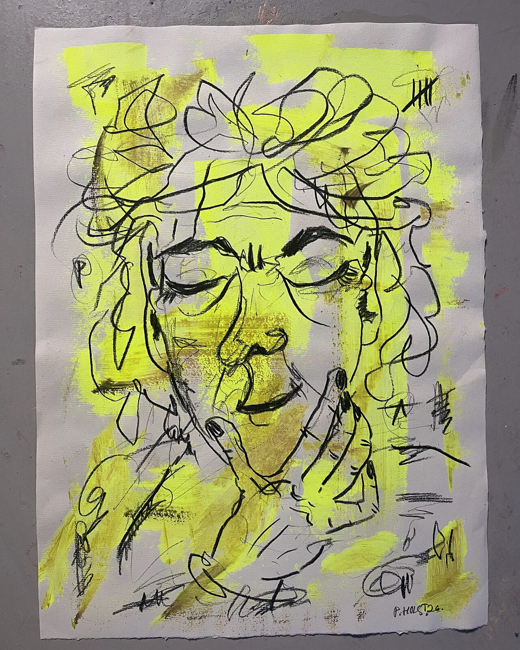Gul overmaling (A3), pastelkridt på papir