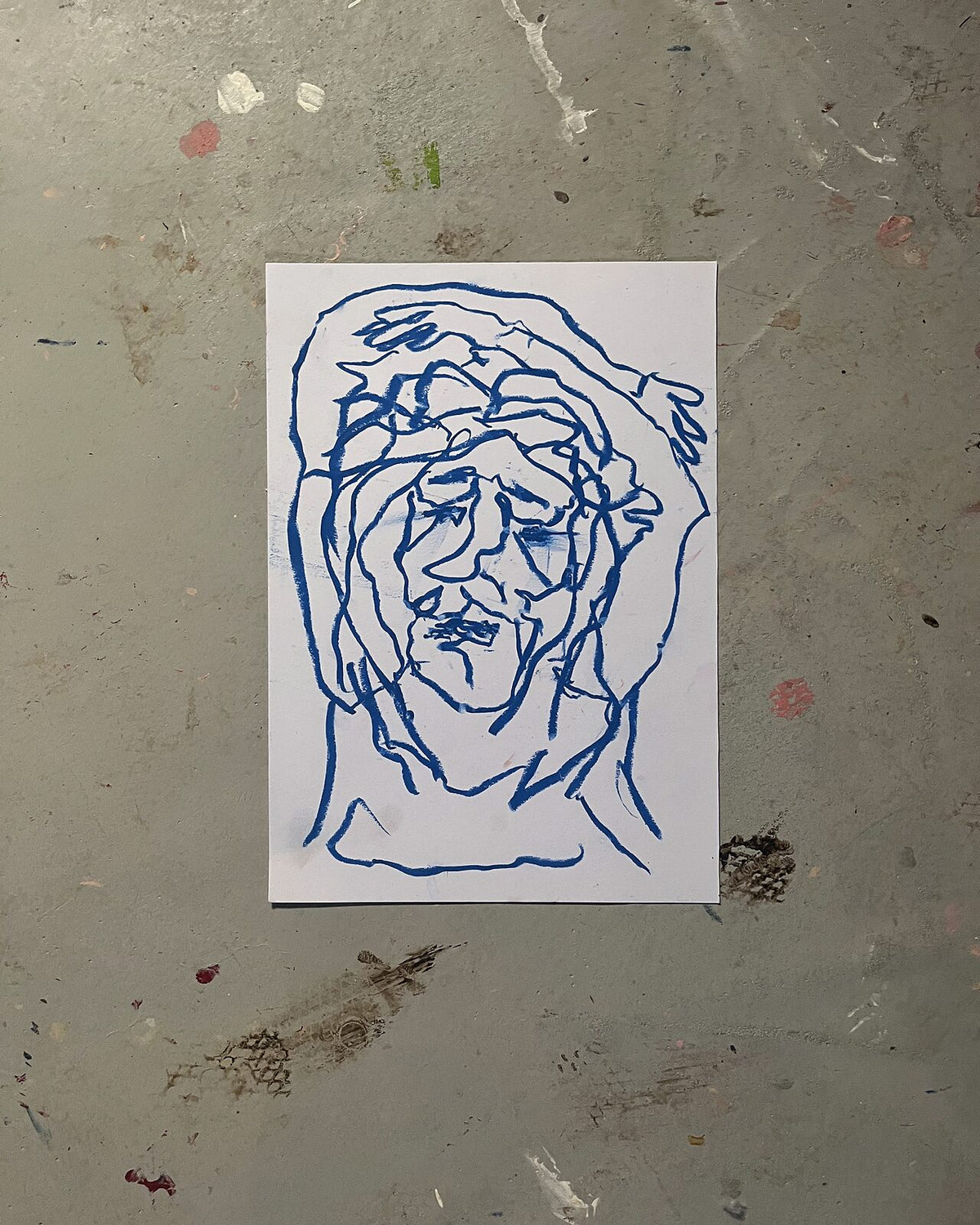 Blå tråd (A3), pastelkridt på papir
