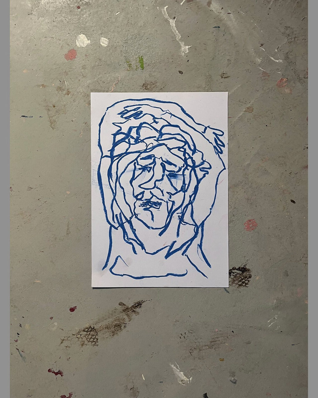 Blå tråd, pastelkridt på papir