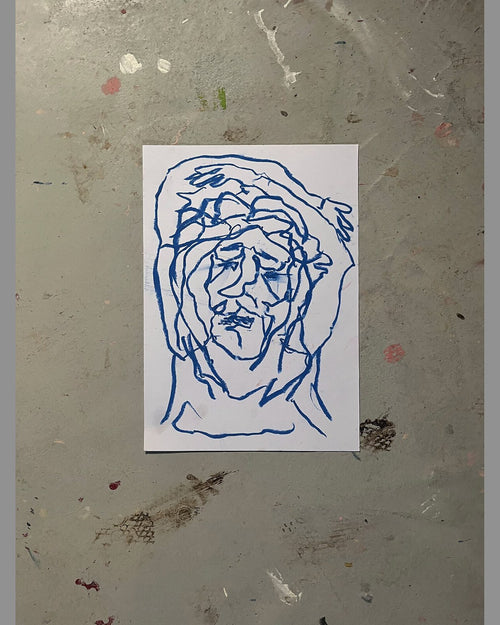 Blå tråd, pastelkridt på papir