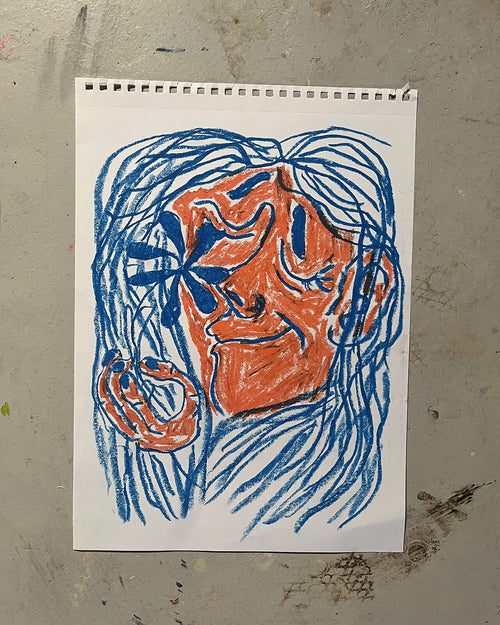 Ansigt i orange (A3), pastelkridt på papir