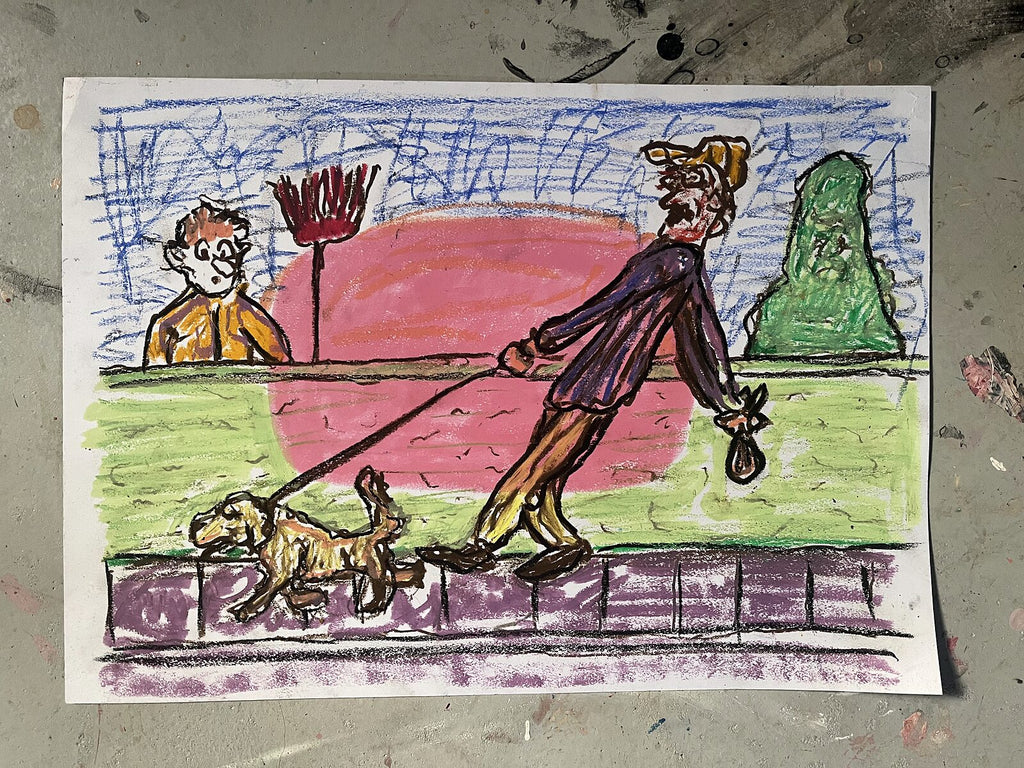 Turen med hunden, pastelkridt på papir