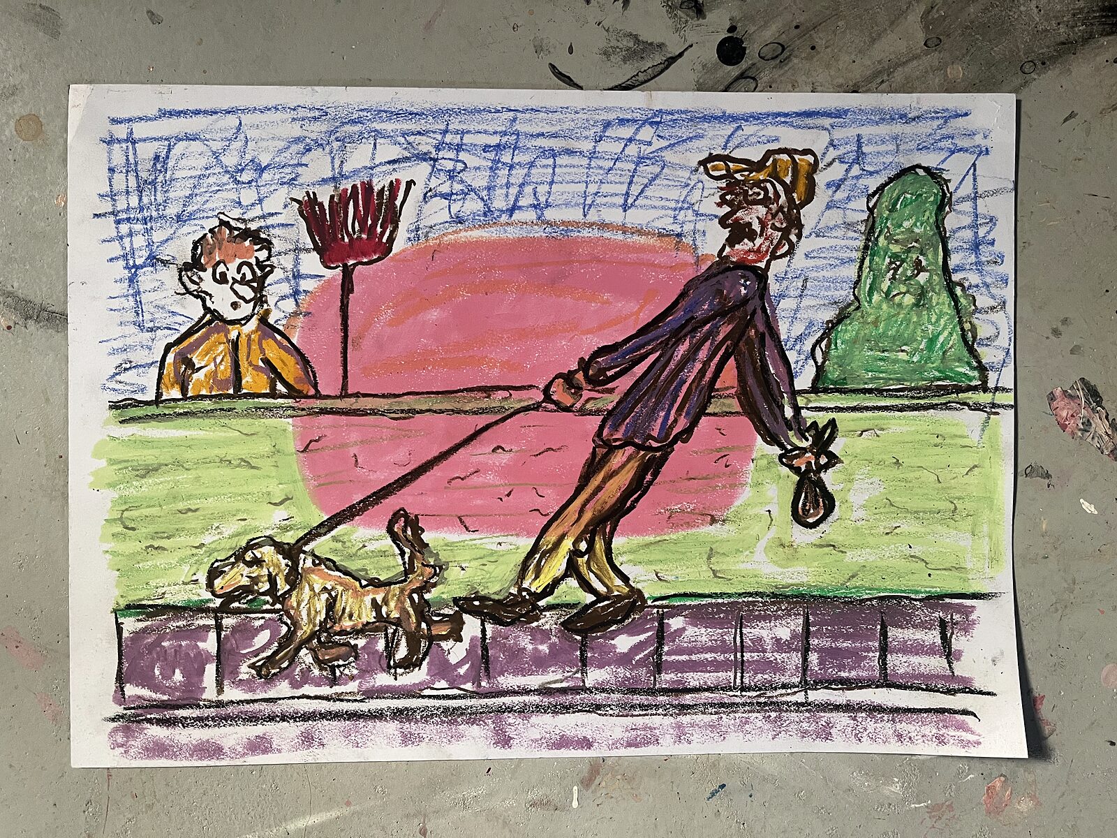 Turen med hunden, pastelkridt på papir